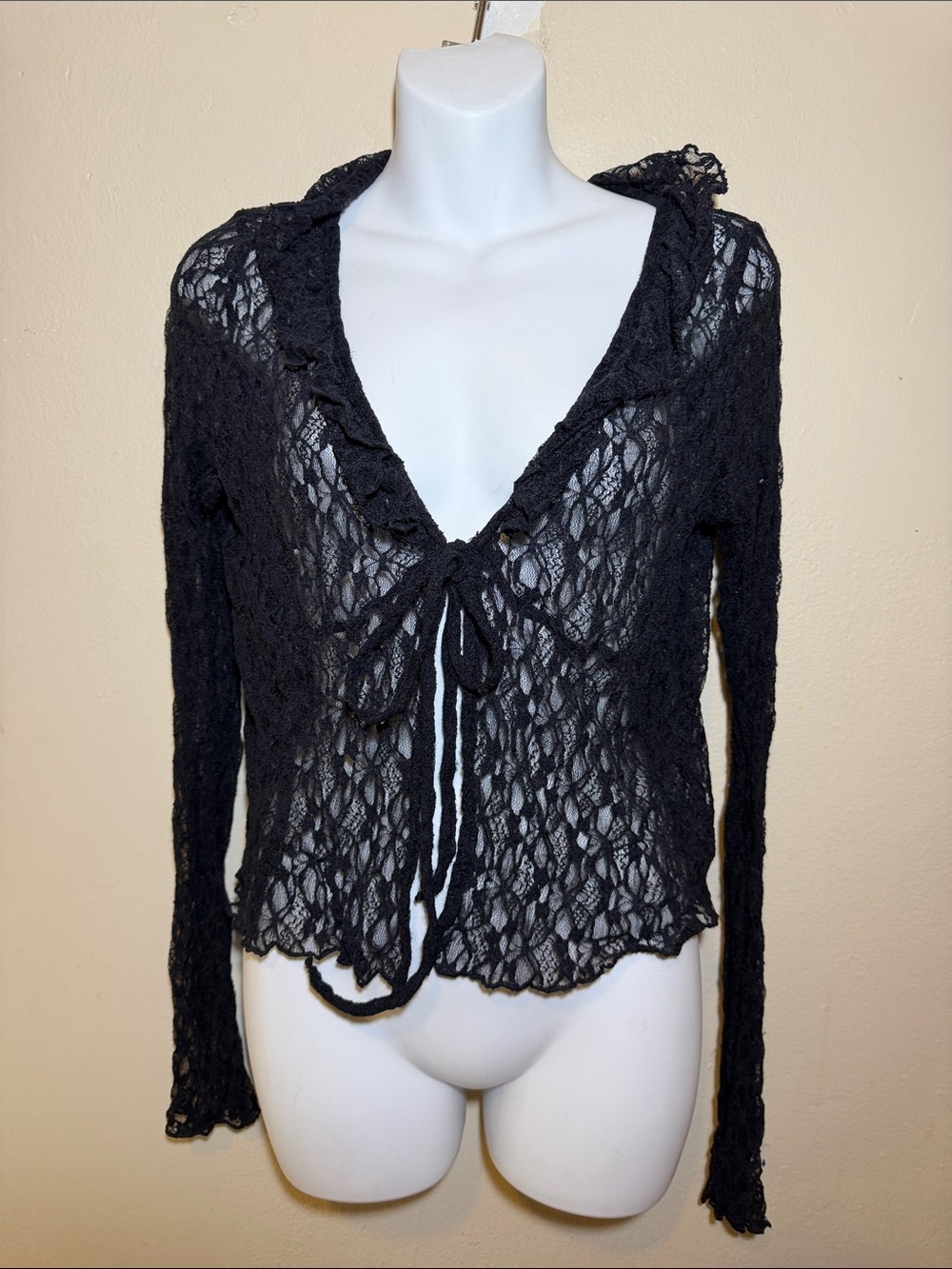Sheer Lace Tie-Front Hooded Top - Black